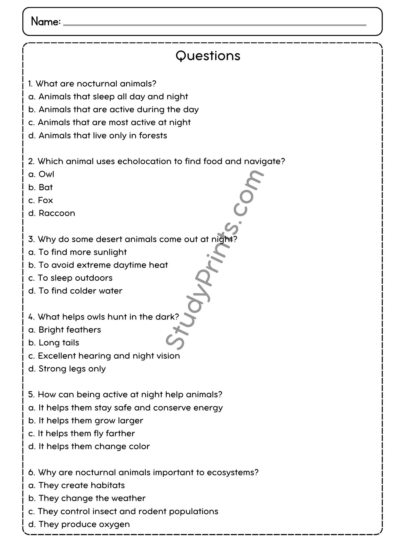 Nocturnal Animals Reading Comprehension Passage and Questions | Printable PDF product image (3)