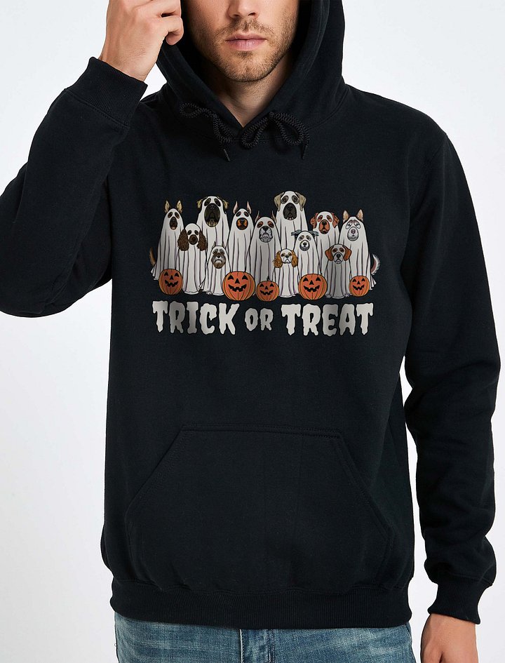 Trick or Treat Funny Halloween Dogs Hooded Sweatshirt | Funny Dogs Wearing Ghost Costumes and Holding Pumpkin Baskets product image (2)