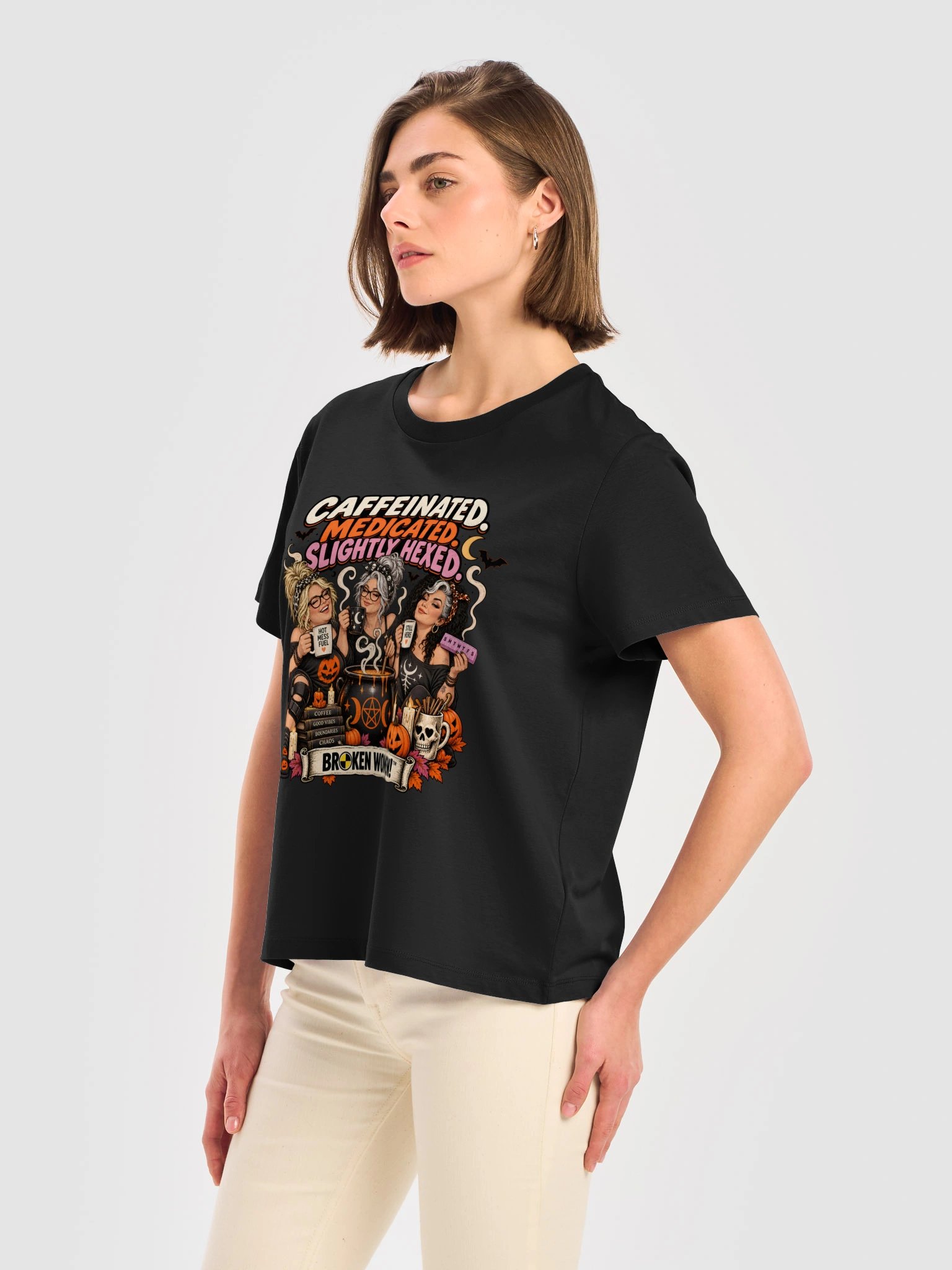 Funny Halloween Witch Shirt — Caffeinated, Medicated, Slightly Hexed | Broken Women!™ product image (9)