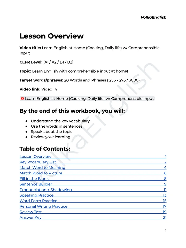 Learn English at Home (Cooking, Daily life) w/ Comprehensible Input - Video 14 Study Pack product image (2)