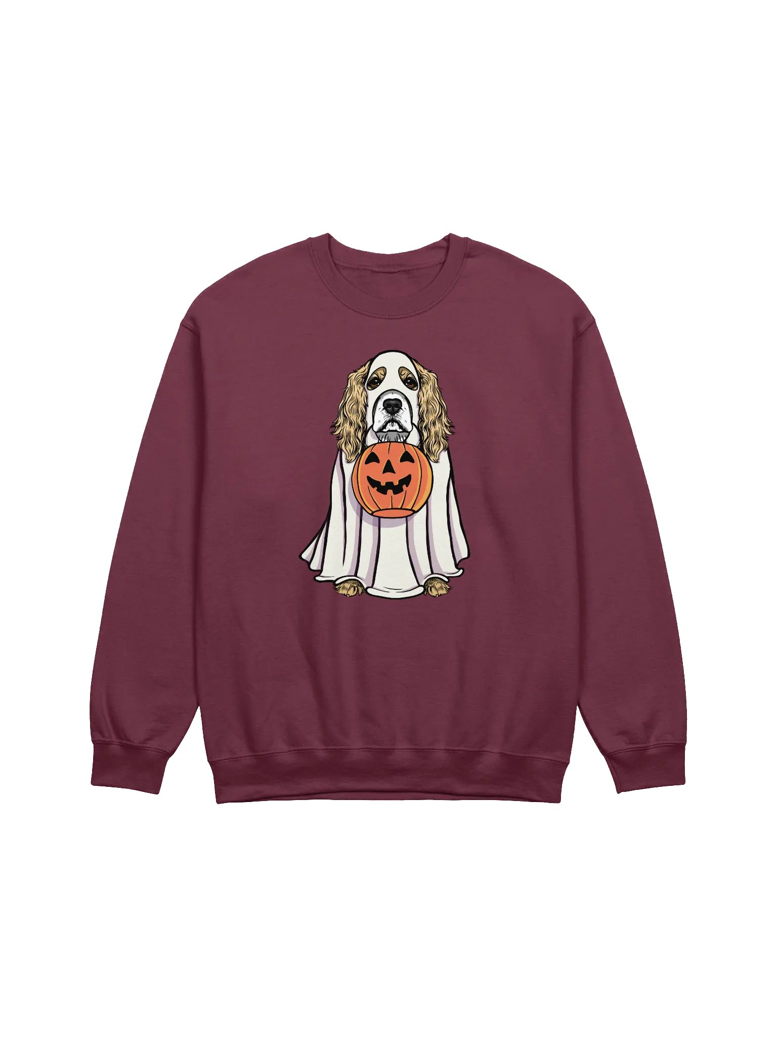 Funny Halloween Cocker Spaniel(Lemon) Sweatshirt | Funny Cocker Spaniel Wearing a Ghost Costume and Holding a Pumpkin Basket product image (1)