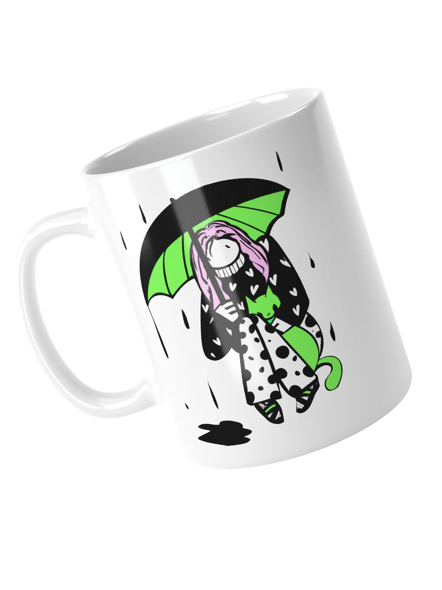 Mug: Girl with cat in rain series: green, pink, black and white product image (4)
