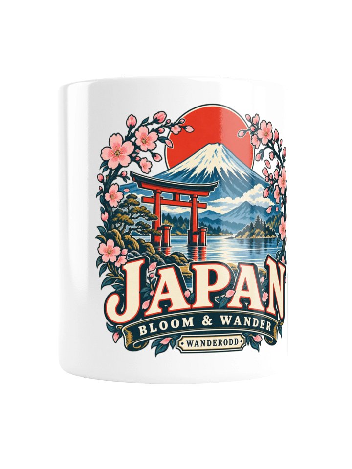 White ceramic mug with a Japan Mount Fuji and cherry blossom design
