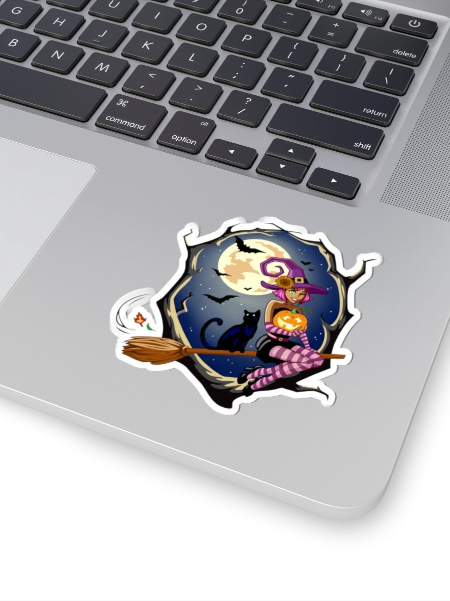 Whimsical Halloween Witch Vinyl Decal – Sunflower Hat Cartoon Kiss-Cut Sticker product image (1)