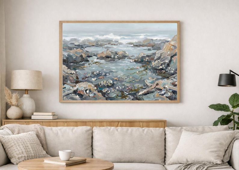 Rare Watercolor Coastal Wall Art Bundle of 3 – Fishing Nets on Wooden Dock, Drifting Rowboat & Tide Pools with Rocks, Fine Detail Nautical Print product image (2)