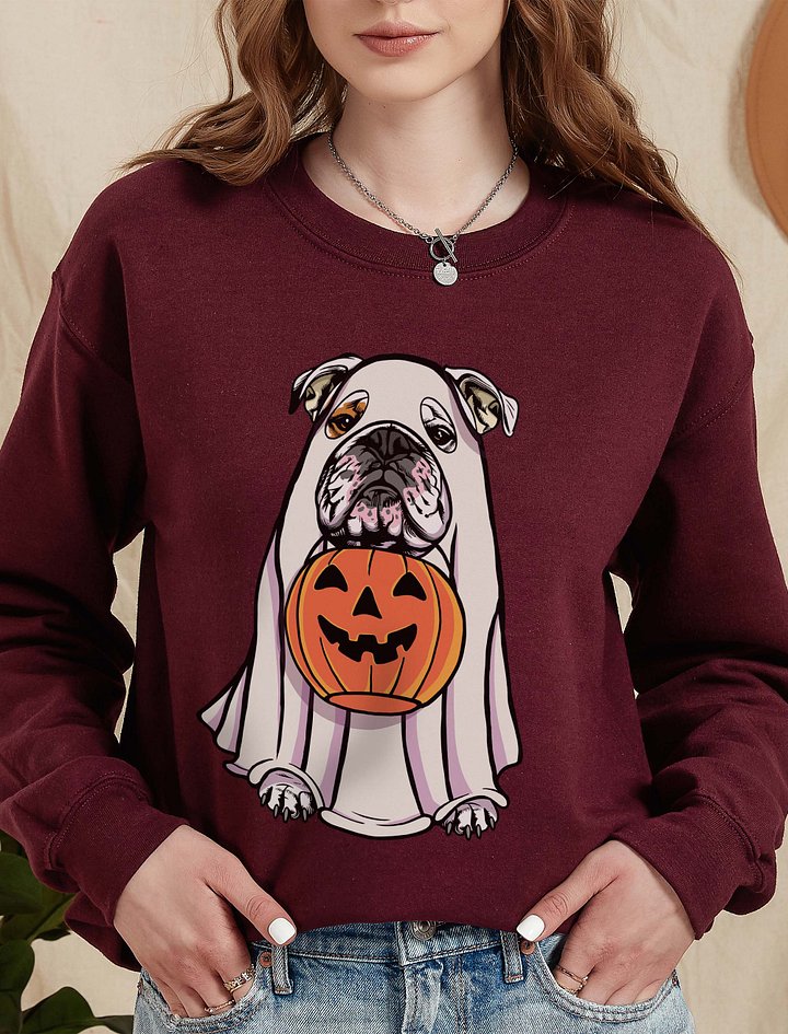 Funny Halloween English Bulldog(White) Sweatshirt | Funny English Bulldog Wearing a Ghost Costume and Holding a Pumpkin Basket product image (2)