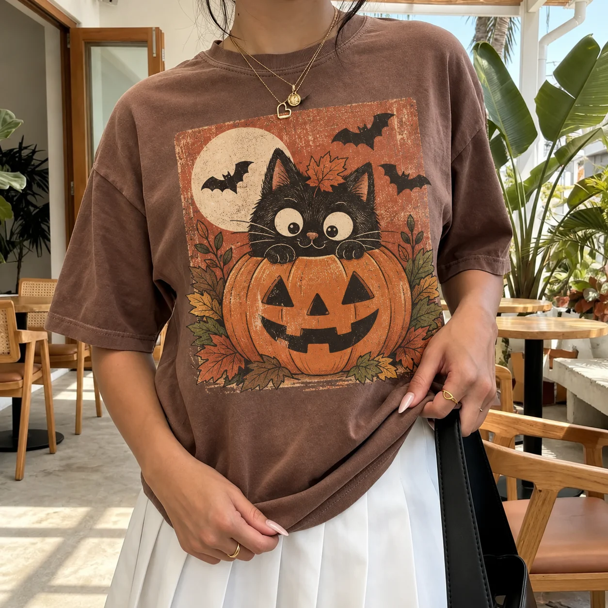 Vintage Halloween Black Cat T-Shirt, Pumpkin Graphic Tee, Retro Spooky Cat Shirt, Fall Halloween Shirt product image (6)
