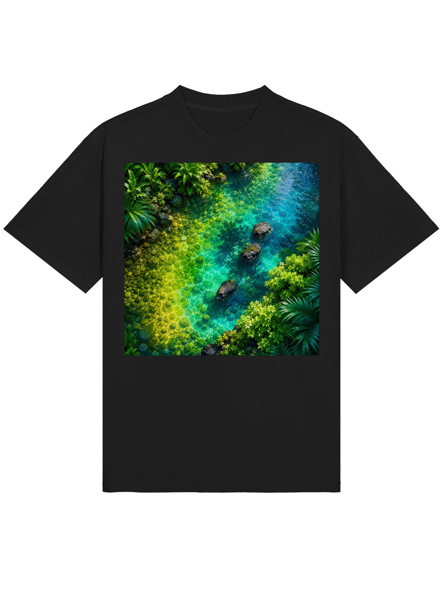 Turquoise Jungle River T-Shirt | Lime Green & Teal Tropical Nature Graphic Tee | Unisex Oversized Shirt product image (2)