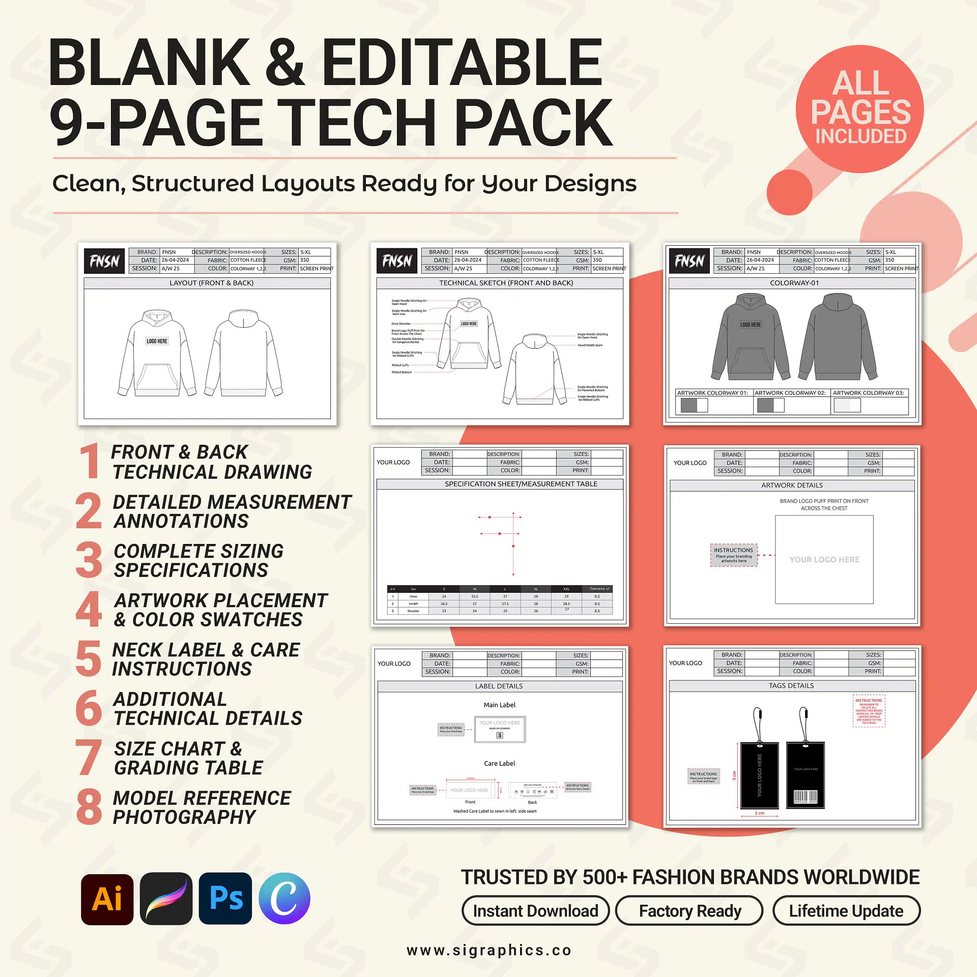 Unisex Oversized Hoodie Tech Pack Template product image (4)