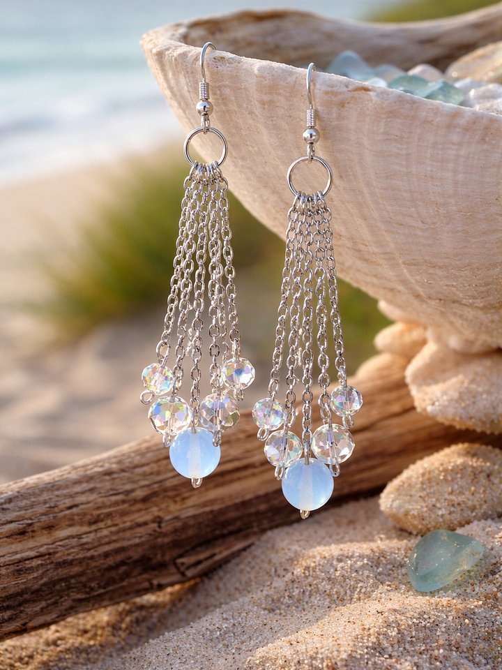 MFD-00311 | Moonstone Opal Tassel Earrings, Crystal Fringe Dangle Earrings, Handmade Sterling Silver product image (2)