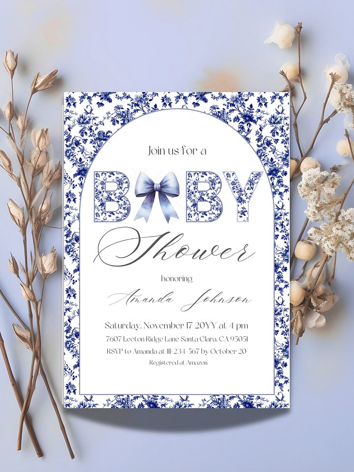 Blue Toile de Jouy and Bow Baby Shower Invitation, Chinoiserie Floral Theme, Boy Baby Shower Invite for Digital Download product image (1)