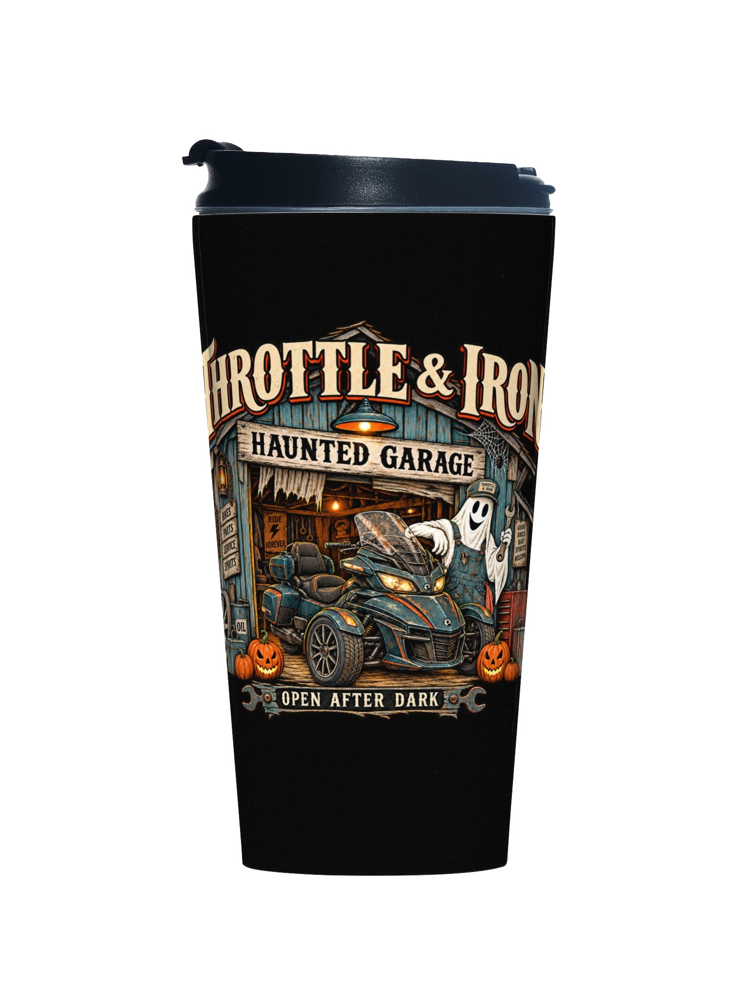 Throttle & Iron Haunted Garage Travel Mug — Spyder Edition product image (1)