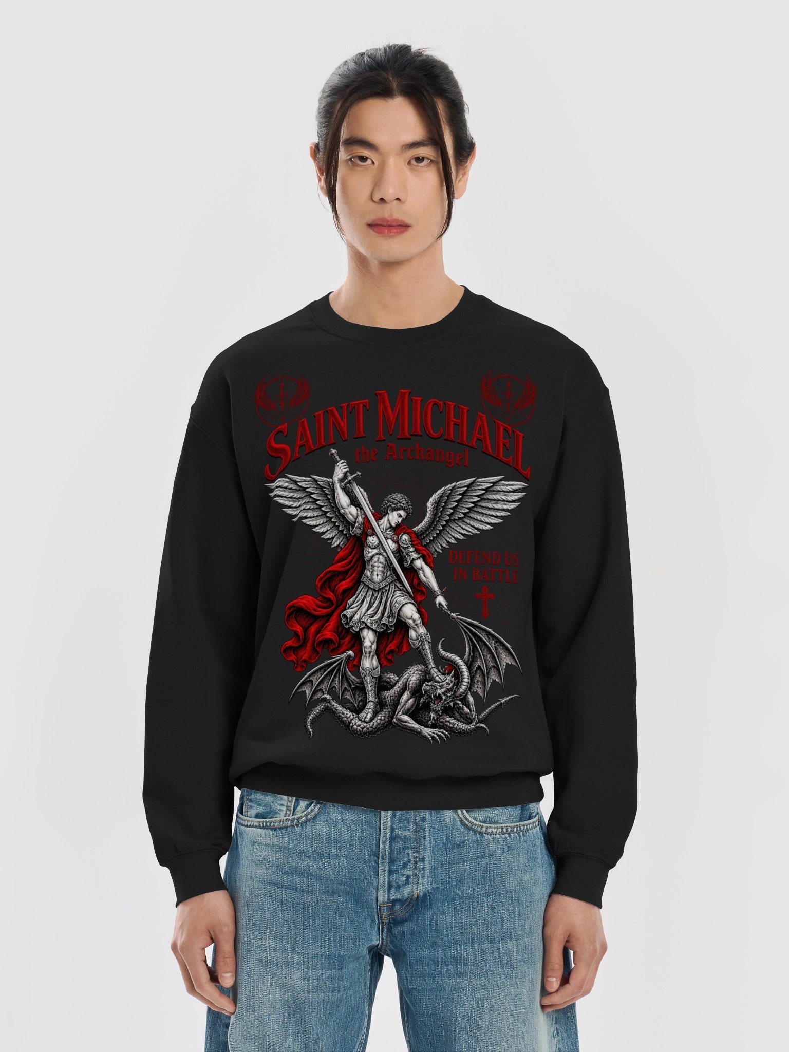 Saint Michael the Archangel Sweatshirt | Defend Us in Battle Catholic Christian Faith Crewneck | Religious Gift | Kingdom Life Co. product image (6)