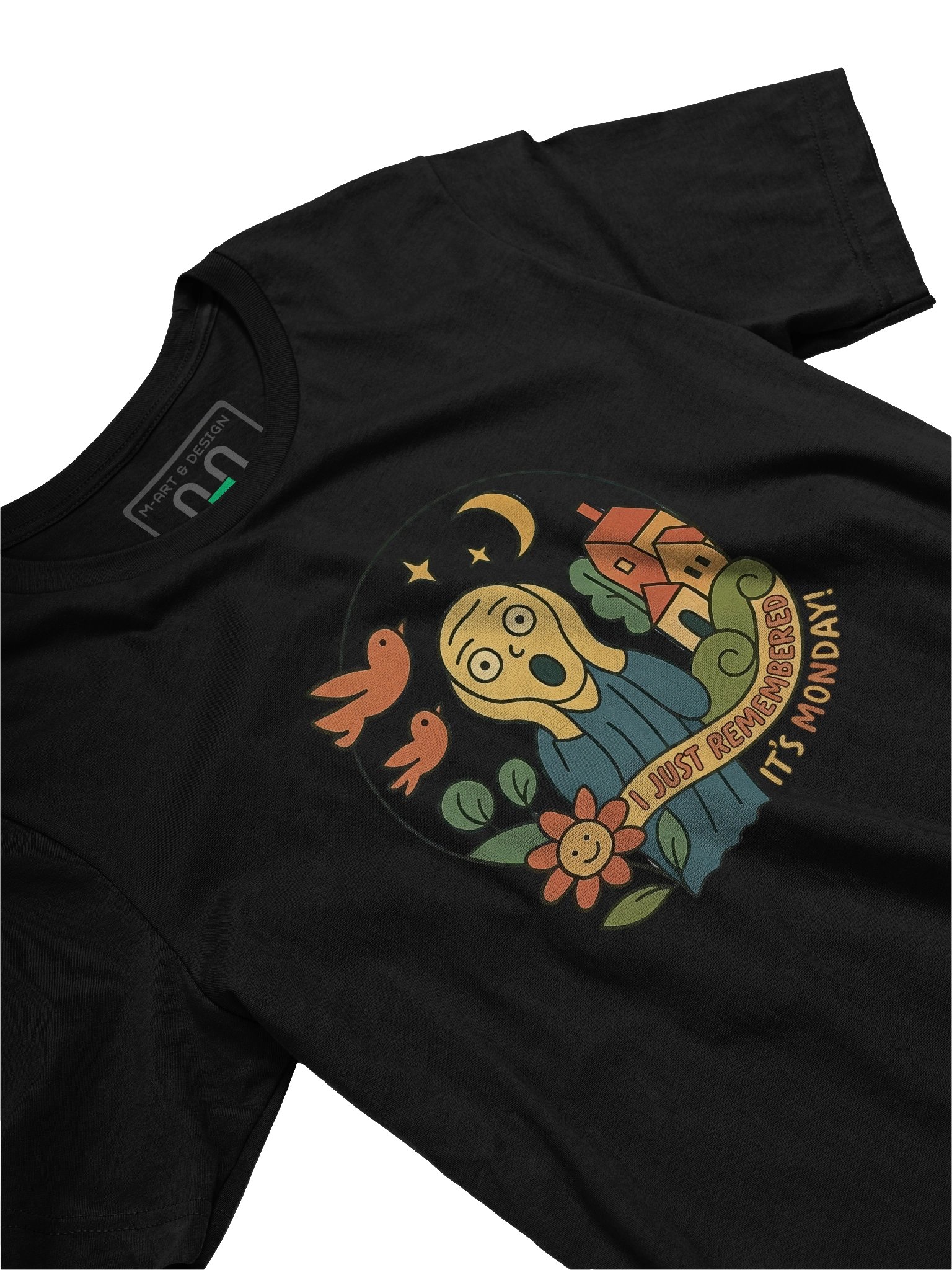 Whimsical Folk Village T-Shirt – Birds, Stars & Cozy Nightscape - by M-Art & Design product image (8)