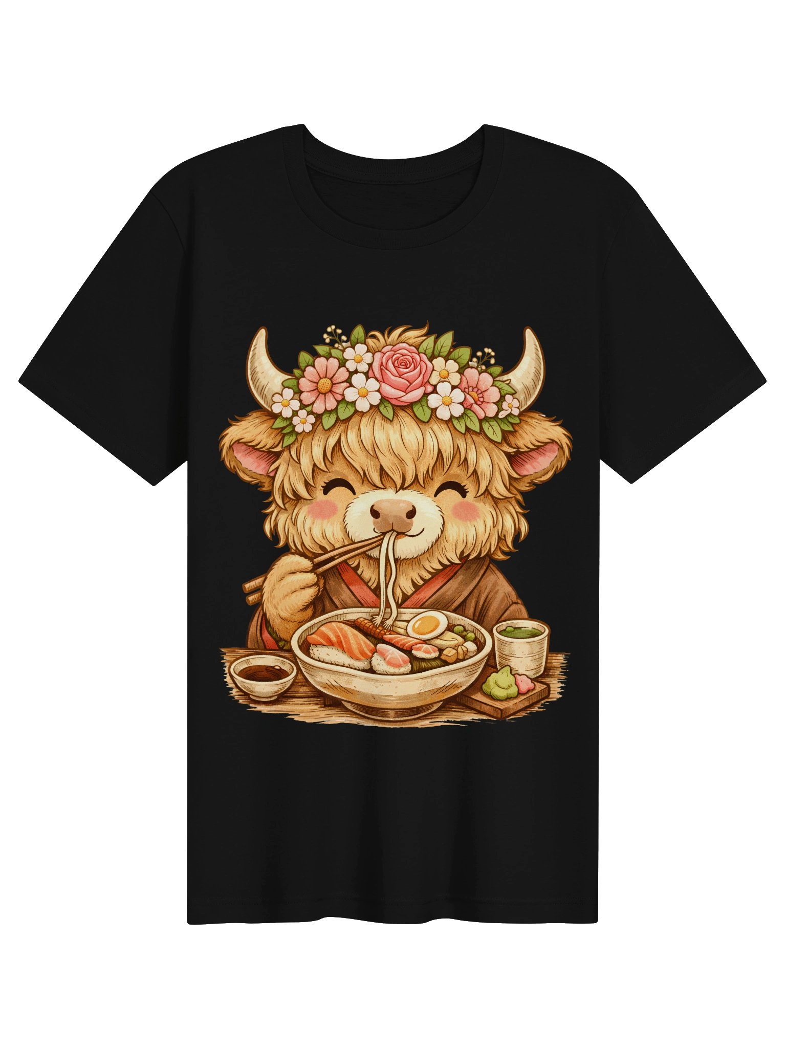Highland Cow Ramen T-Shirt - Cute Floral Kawaii Foodie Graphic Tee product image (5)