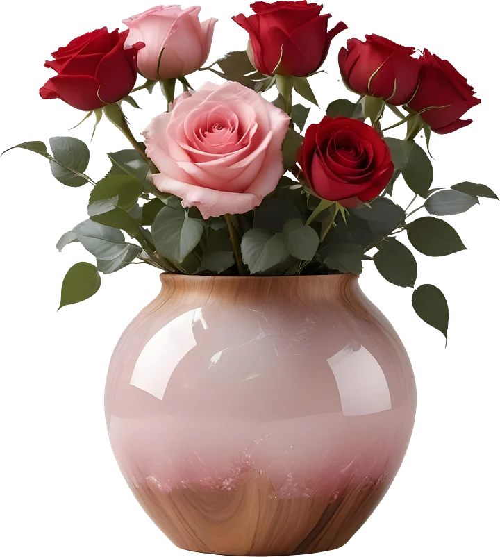 Pink Gradient Wood Vase with Red and Blush Roses PNG product image (1)