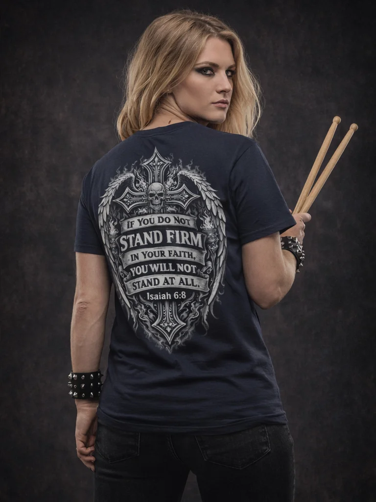 Stand Firm in Your Faith Christian Rock T-Shirt – Isaiah 7:9 Scripture Graphic Tee for Men – Faith Warrior Heavy Metal Christian Shirt product image (2)