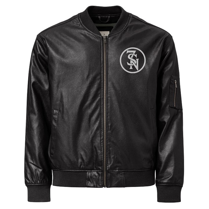 Seven Shades of Nothing White Logo (Embroidered) on Black Faux Leather Bomber Jacket product image (1)