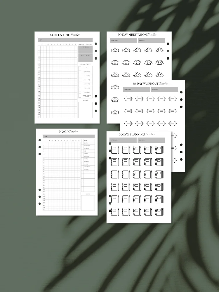 A5 Self-Care Tracker Inserts Set | Screen Time, Mood, Meditation, Workout & Planning | Printable product image (1)