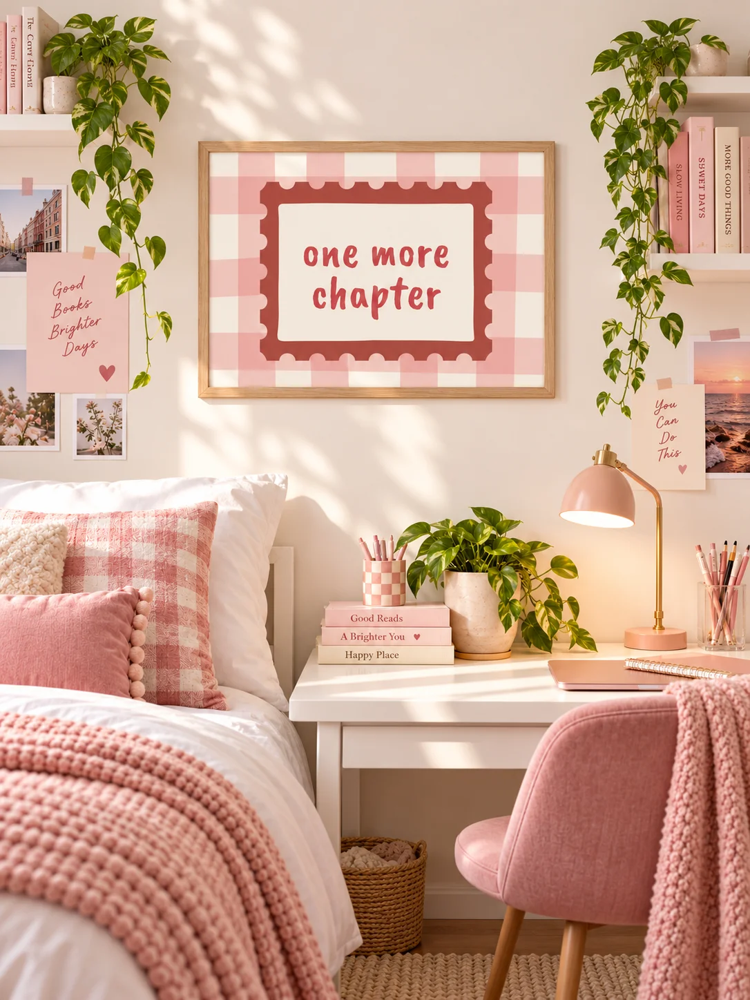 One More Chapter Print | Book Lover Decor | Pink Gingham Reading Nook | Literary Quote Poster | Cozy Library Digital Download product image (6)