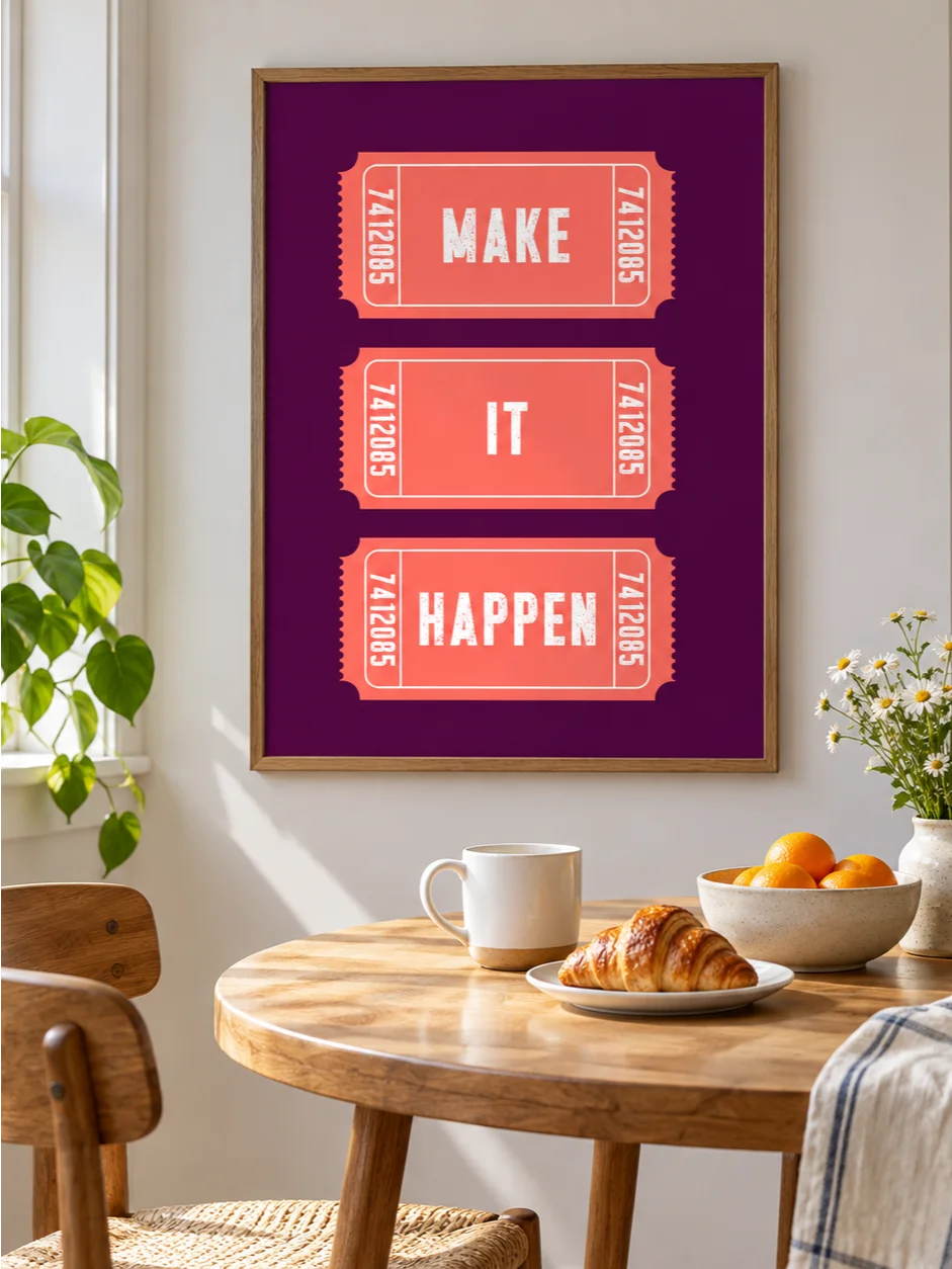 Make It Happen Motivational Poster, Retro Ticket Design, Purple Coral Typography Wall Art, Distressed Lettering, Printable Inspirational Art product image (2)