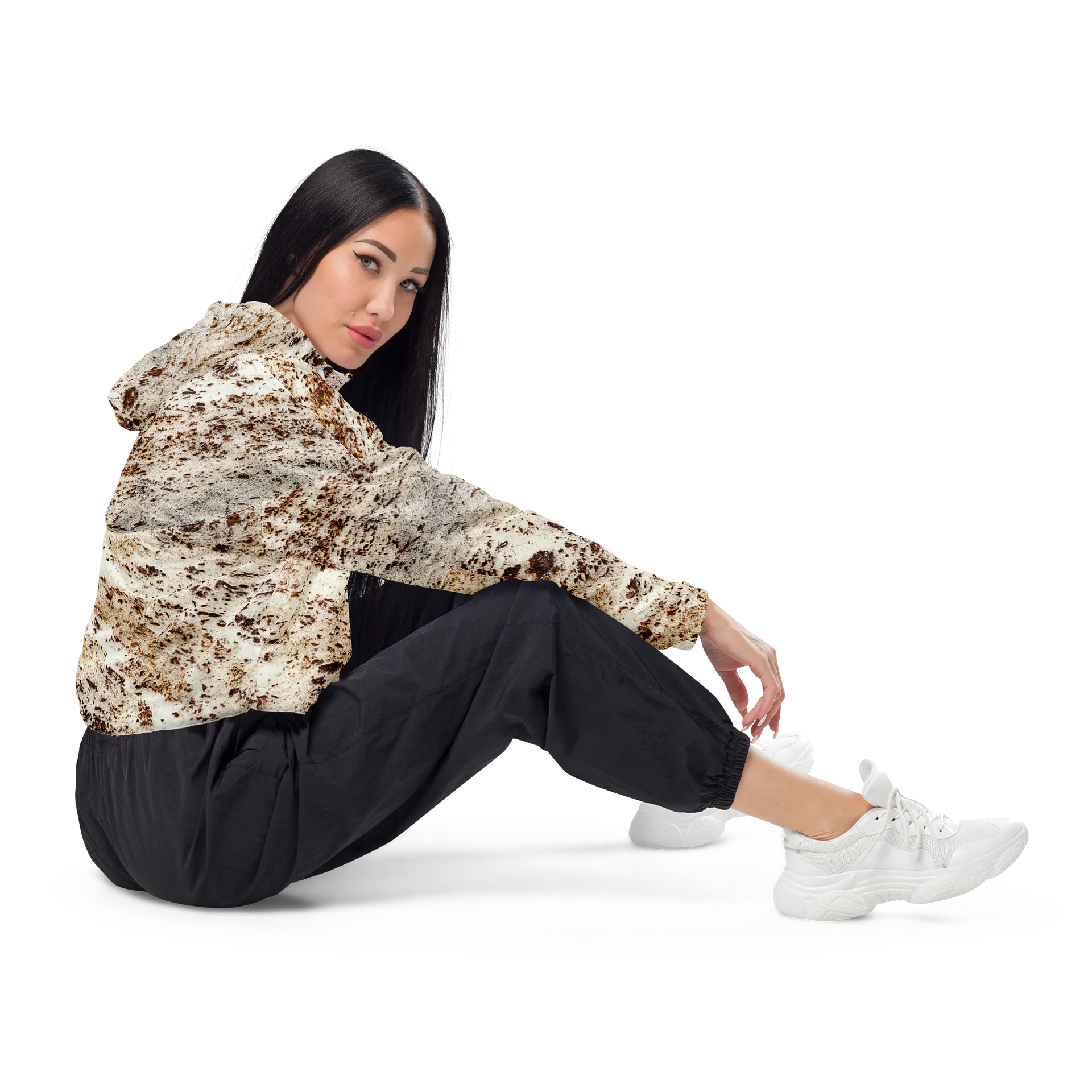 Espresso Swirl Women's All-Over Print Marbled Cacao Cropped Windbreaker product image (4)