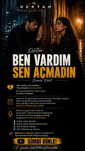 Ben vardım…
Sen çekildin.
Kapındaydım, sen açmadın. 🖤

🎧 Şimdi dinle:
https://youtu.be/91Rnq7oUo8k

#Dertan #BenVardımSenÇeki...
