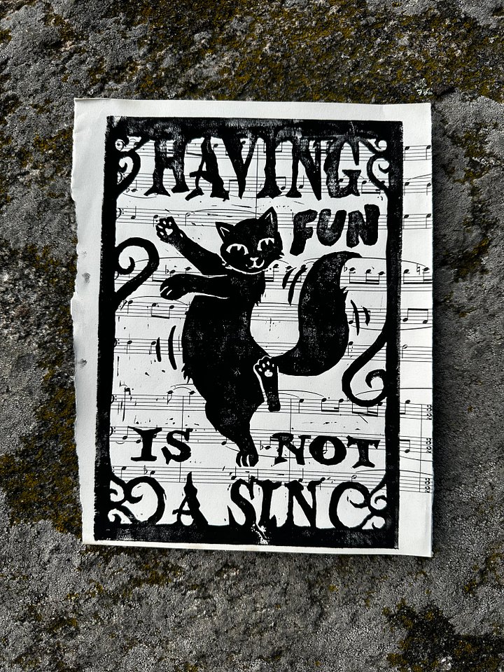 HAVING FUN IS NOT A SIN dancing cat original lino print (14) product image (1)