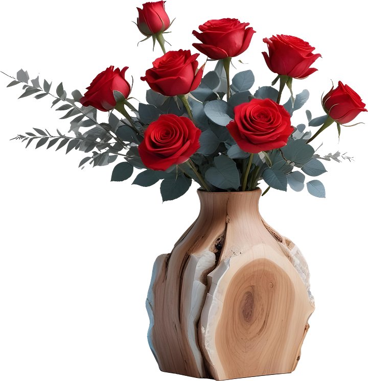 Natural Wooden Slice Vase with Red Roses PNG product image (1)
