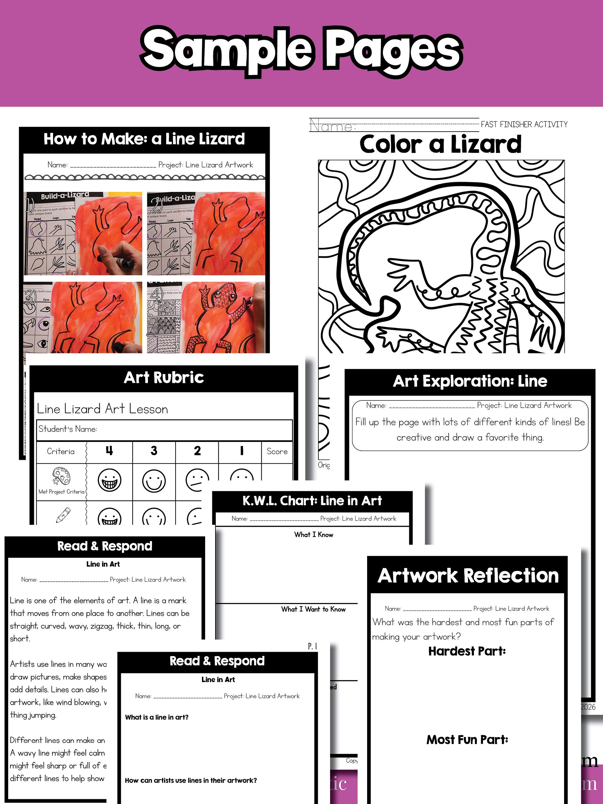 Line Lesson Line Lizard Art Project 1st Grade Art Activity Element of Art Line product image (10)