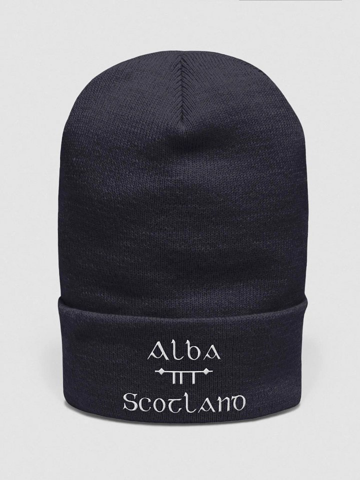 Scotland/Alba Scholastic style Ogham, Navy with white, embroidered Cuffed Beanie product image (1)