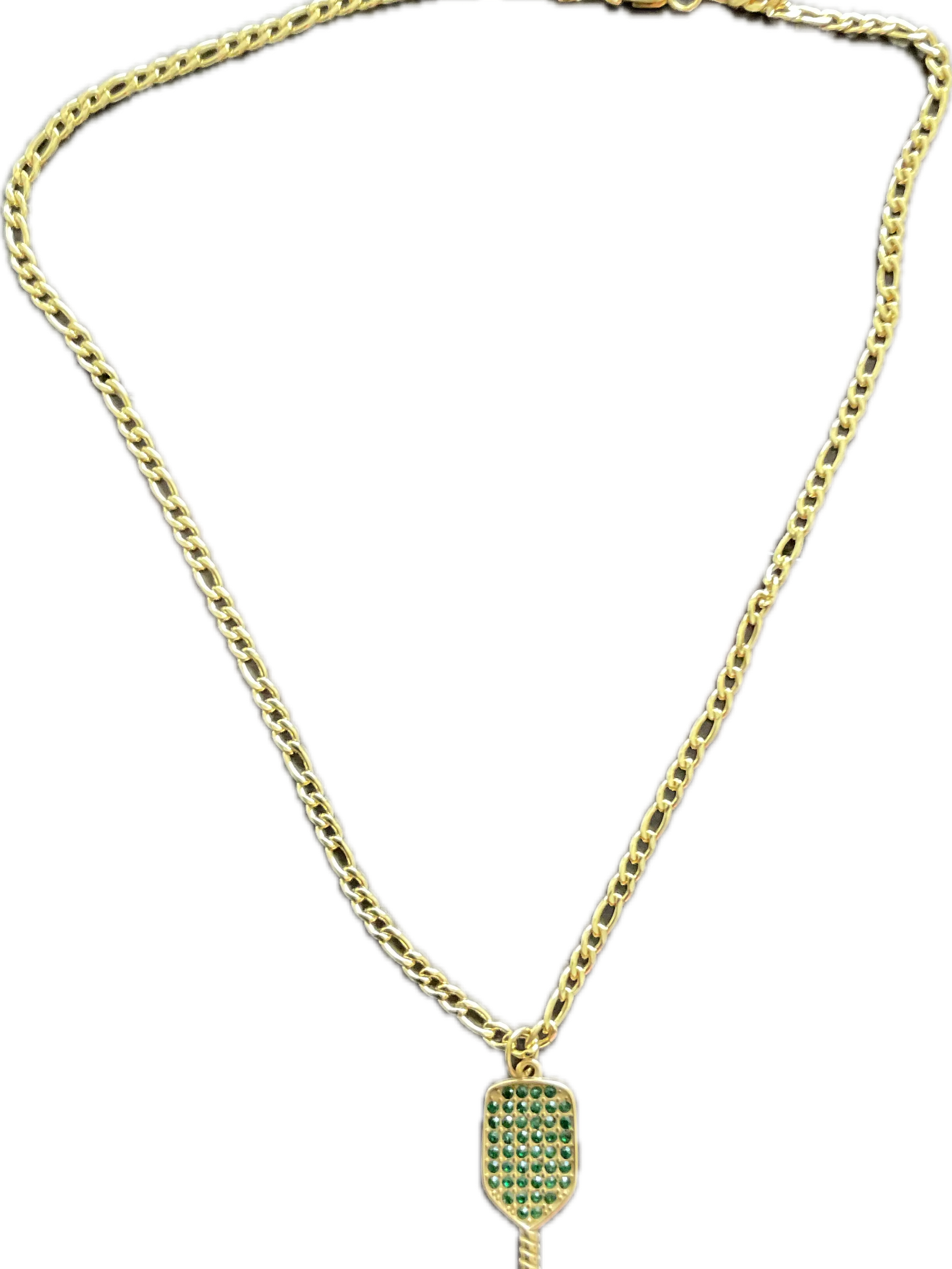Emerald Ace Pickleball Paddle Necklace | Gold Figaro Chain with Green Crystal Pendant product image (1)