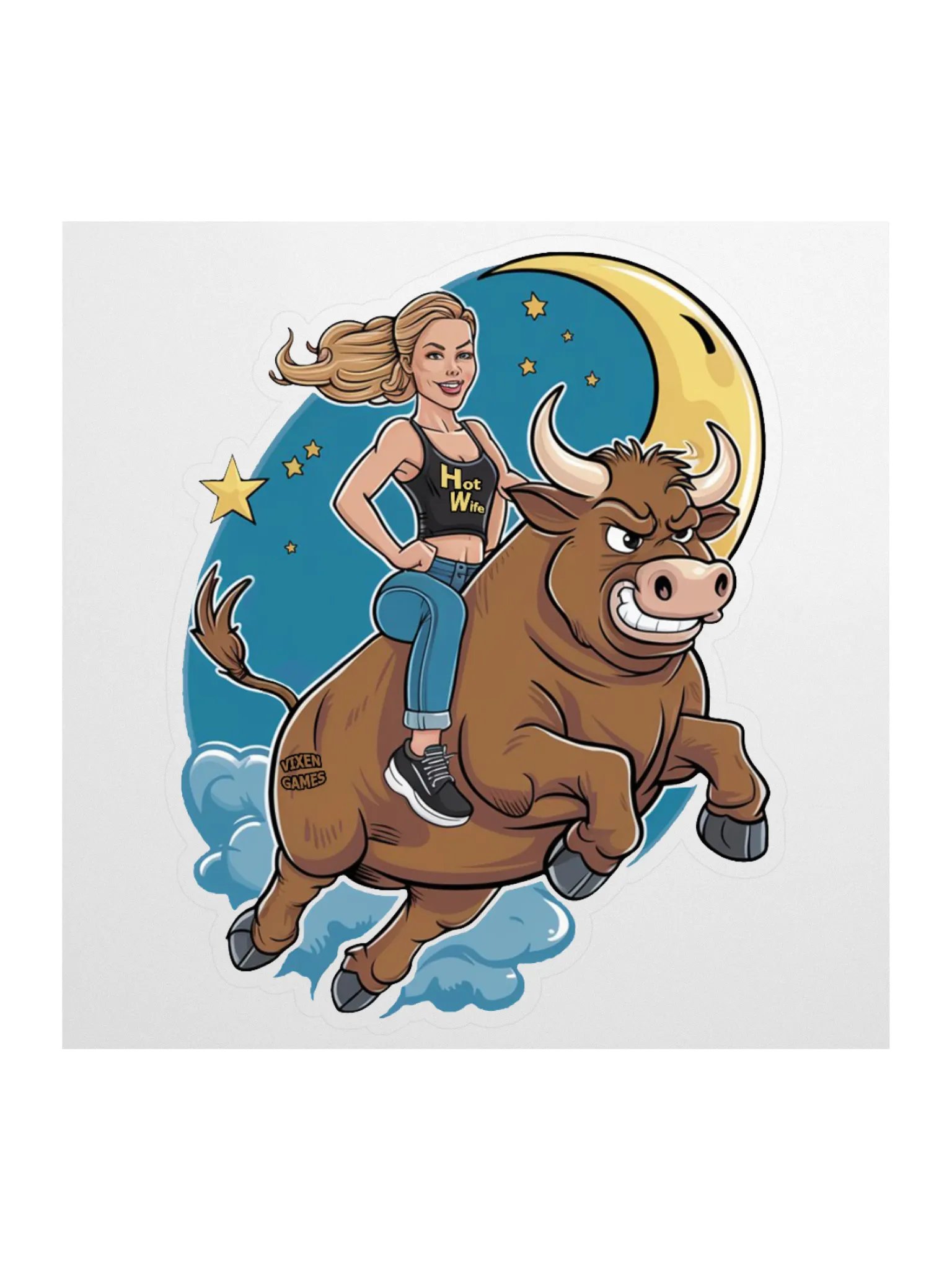 Fly Me To The Moon Hotwife On A Bull Vinyl Sticker product image (1)