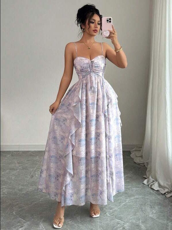 ADLEST Elegant Sleeveless Drawstring Waist A-Line Asymmetrical Tie Dye Color Printed Dress, Suitable For Beach, Spring/Summer product image (2)