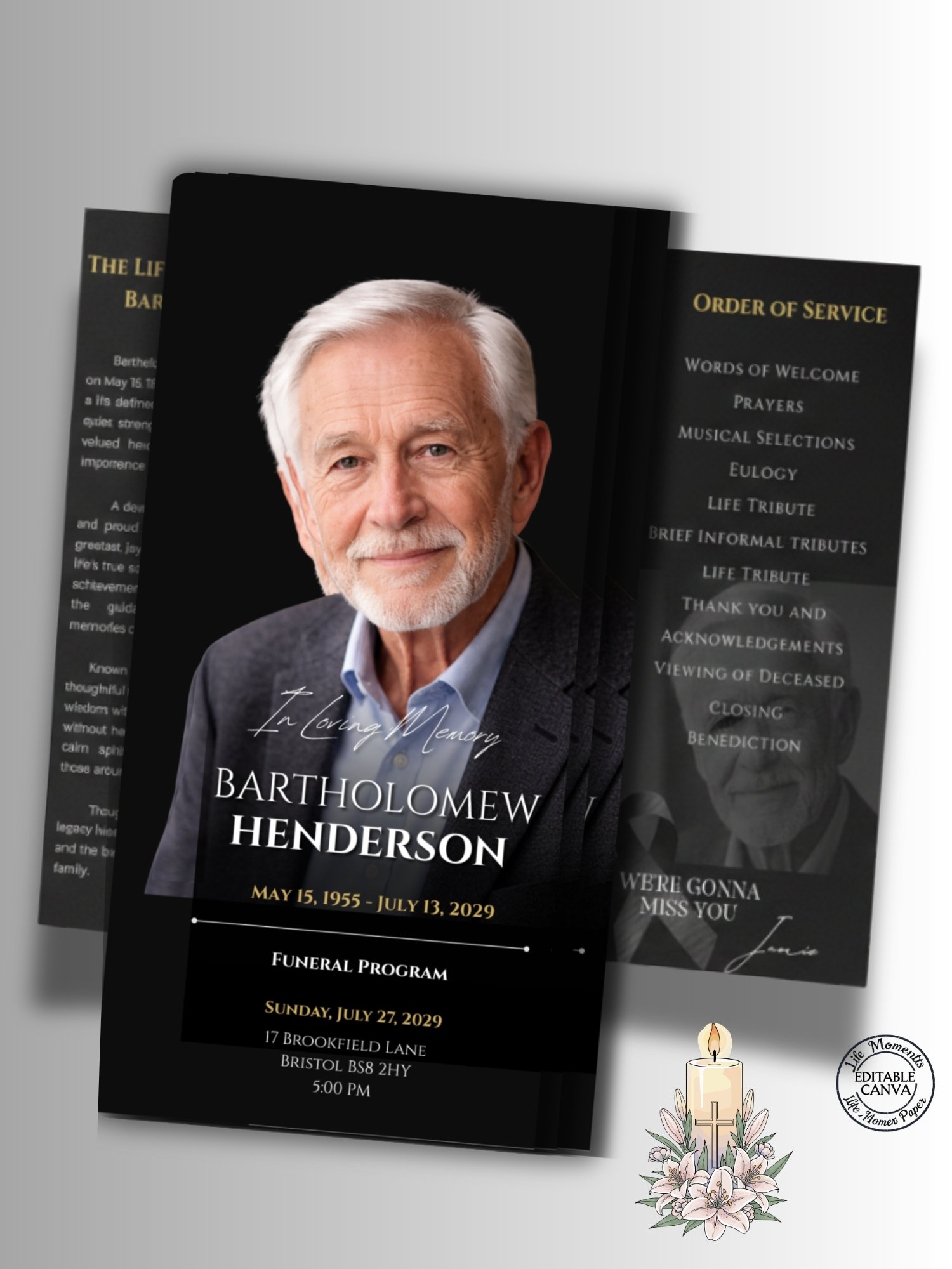 Celebration of Life Trifold for Men | Black & Gold Funeral Program, 6-Page US Letter Canva Template product image (1)