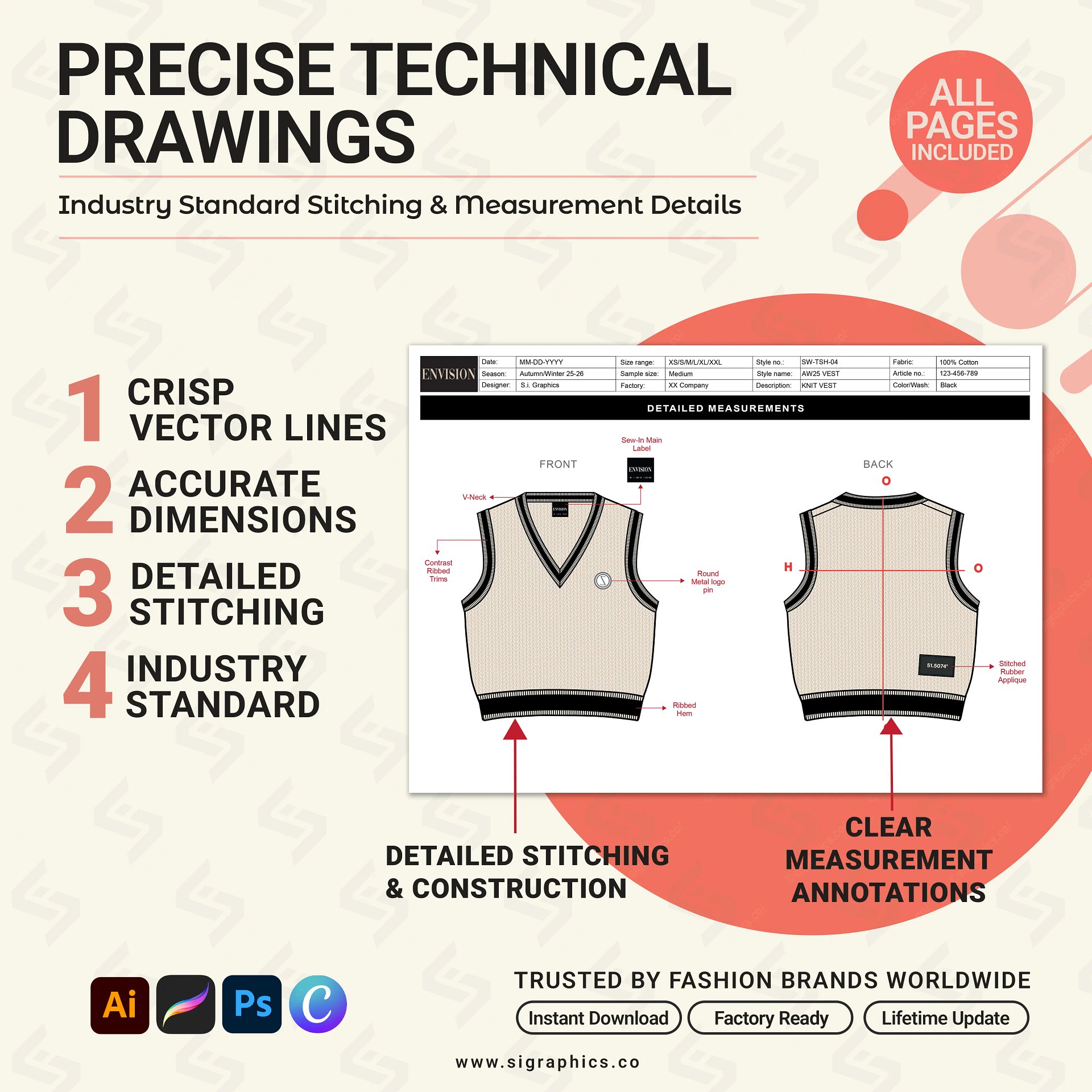 V-Neck Knit Sweater Vest Tech Pack Template product image (5)