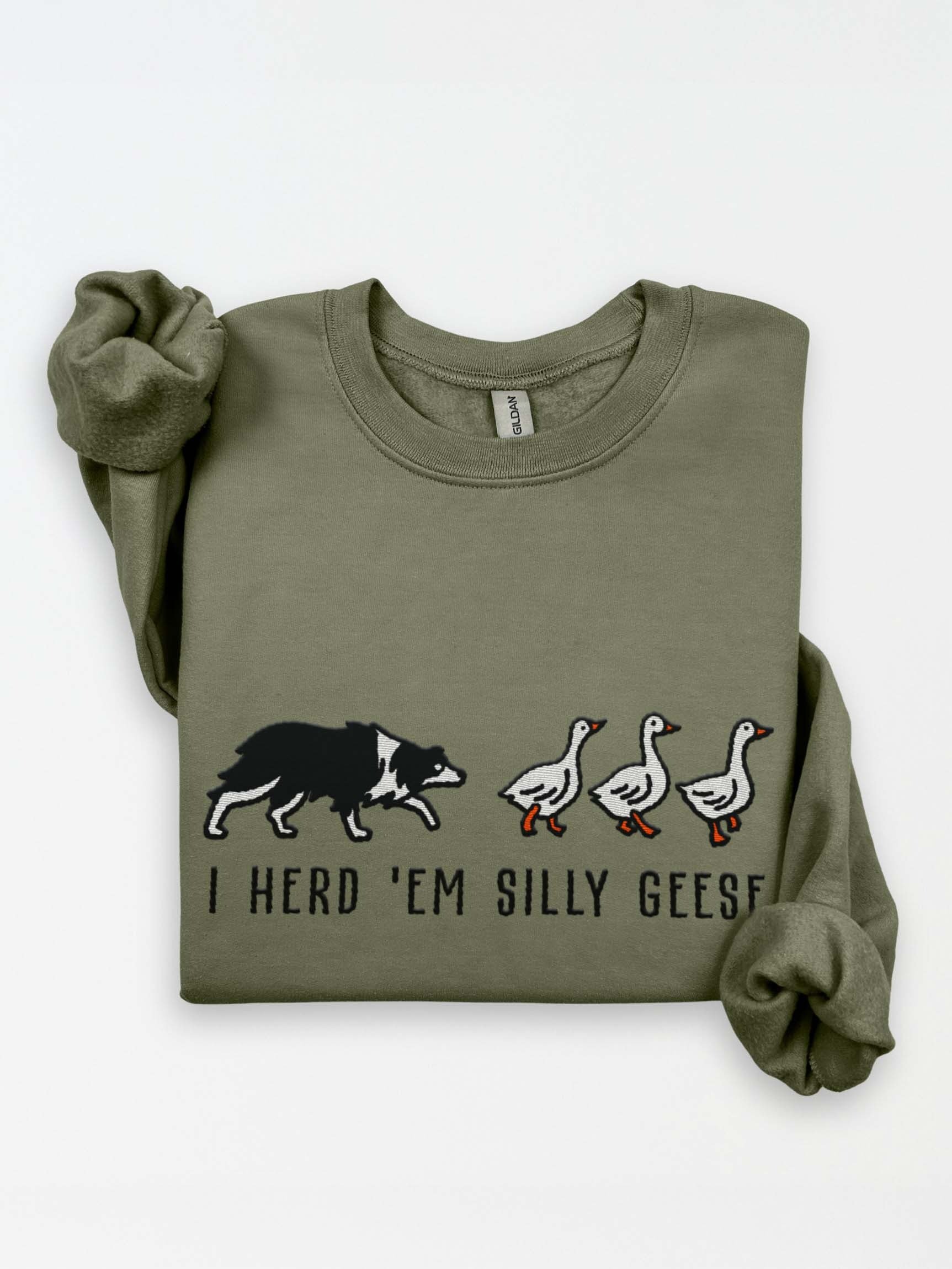 I Herd 'Em Silly Geese Sweatshirt(Embroidered) of an Australian Shepherd(Black & White) product image (1)