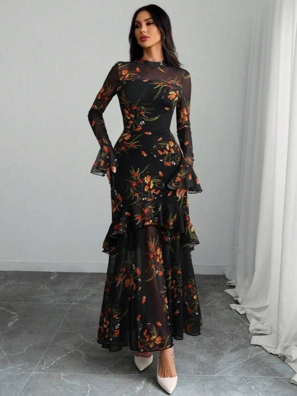Women's Gothic Elegant Sexy Mesh Patchwork Colorful Floral Print Retro Flare Sleeve Ruffle Hem Layered Dress Vacation product image (5)