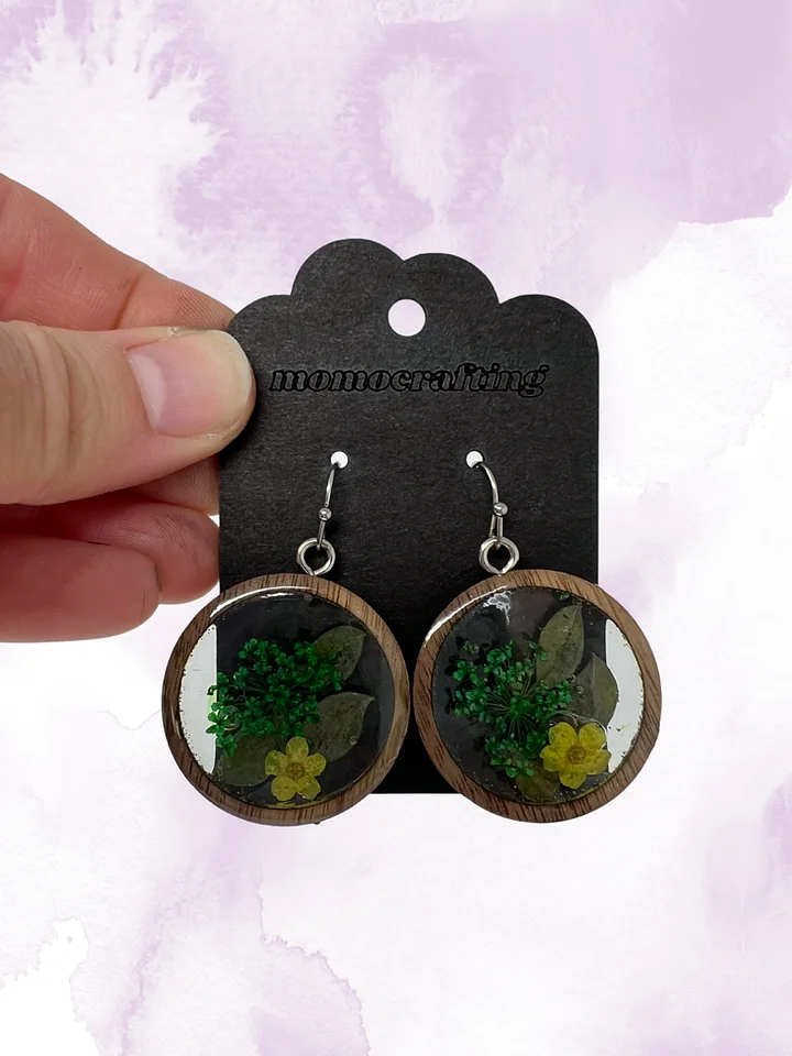 Yellow and Green Flower and Wood Window Earrings product image (1)