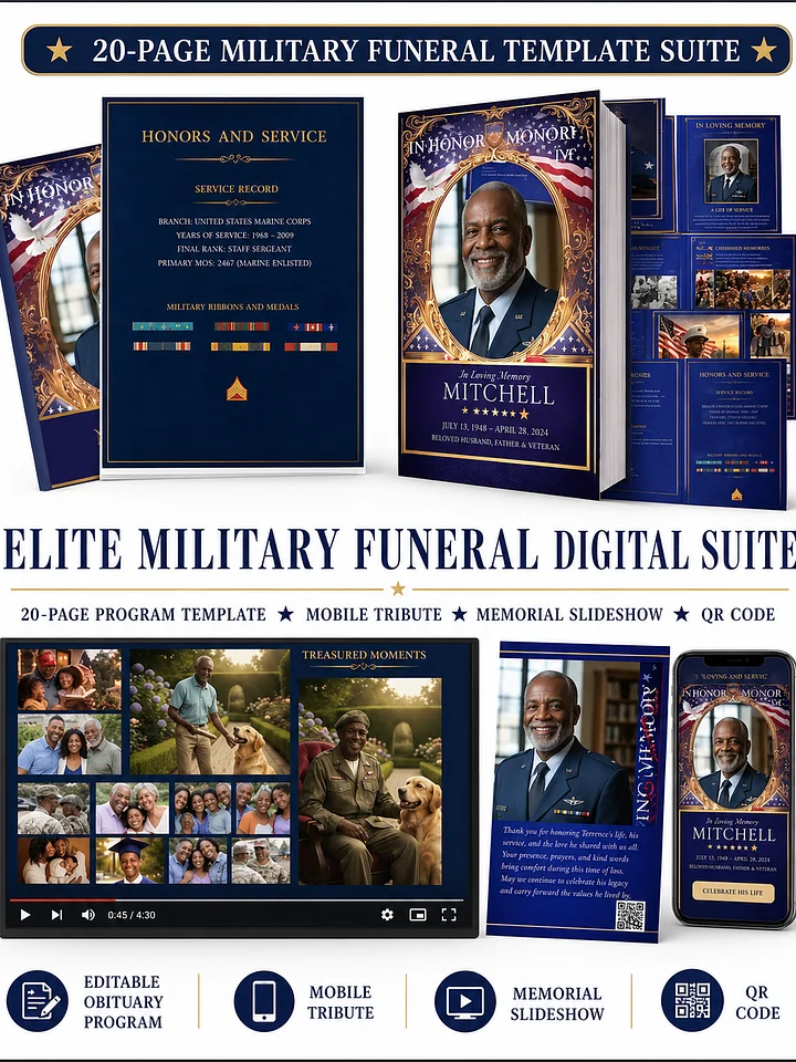 Ultimate Military Funeral Tribute Suite | 20-Page Editable Canva Obituary Program, Video Slideshow & QR Code product image (1)