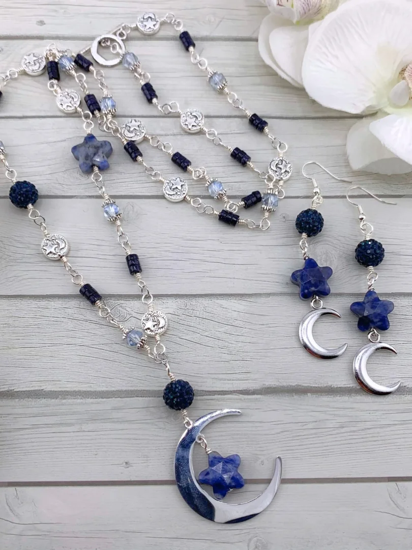 Crescent Moon and Sodalite Blue, Silver Necklace and Earrings Set product image (1)