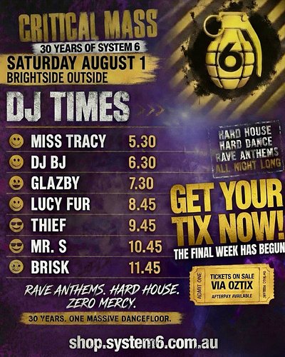 The set times have been released for Critical Mass: 30 years of System 6, Brisbane this weekend! 🫶🏻

I’ll be closing out the ...