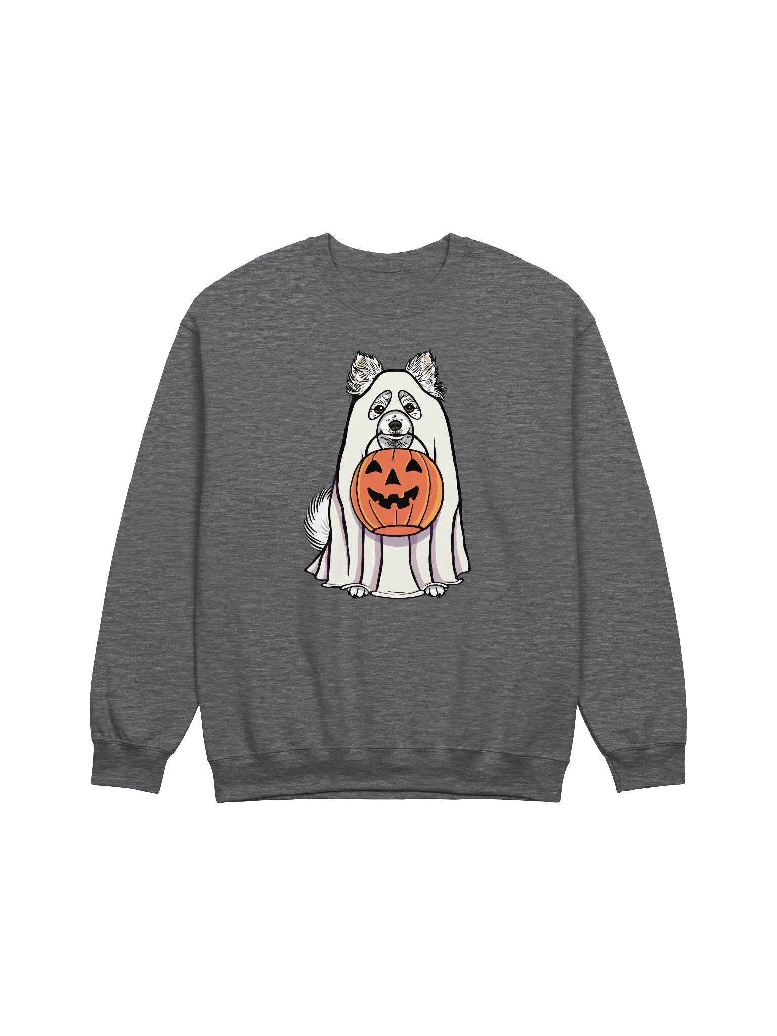 Funny Halloween Pomeranian(White) Sweatshirt | Funny Pomeranian Wearing a Ghost Costume and Holding a Pumpkin Basket product image (1)