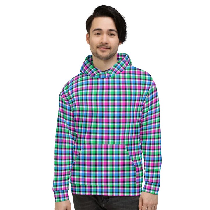 Magenta, Bright Green, and Blue Plaid Hoodie product image (2)