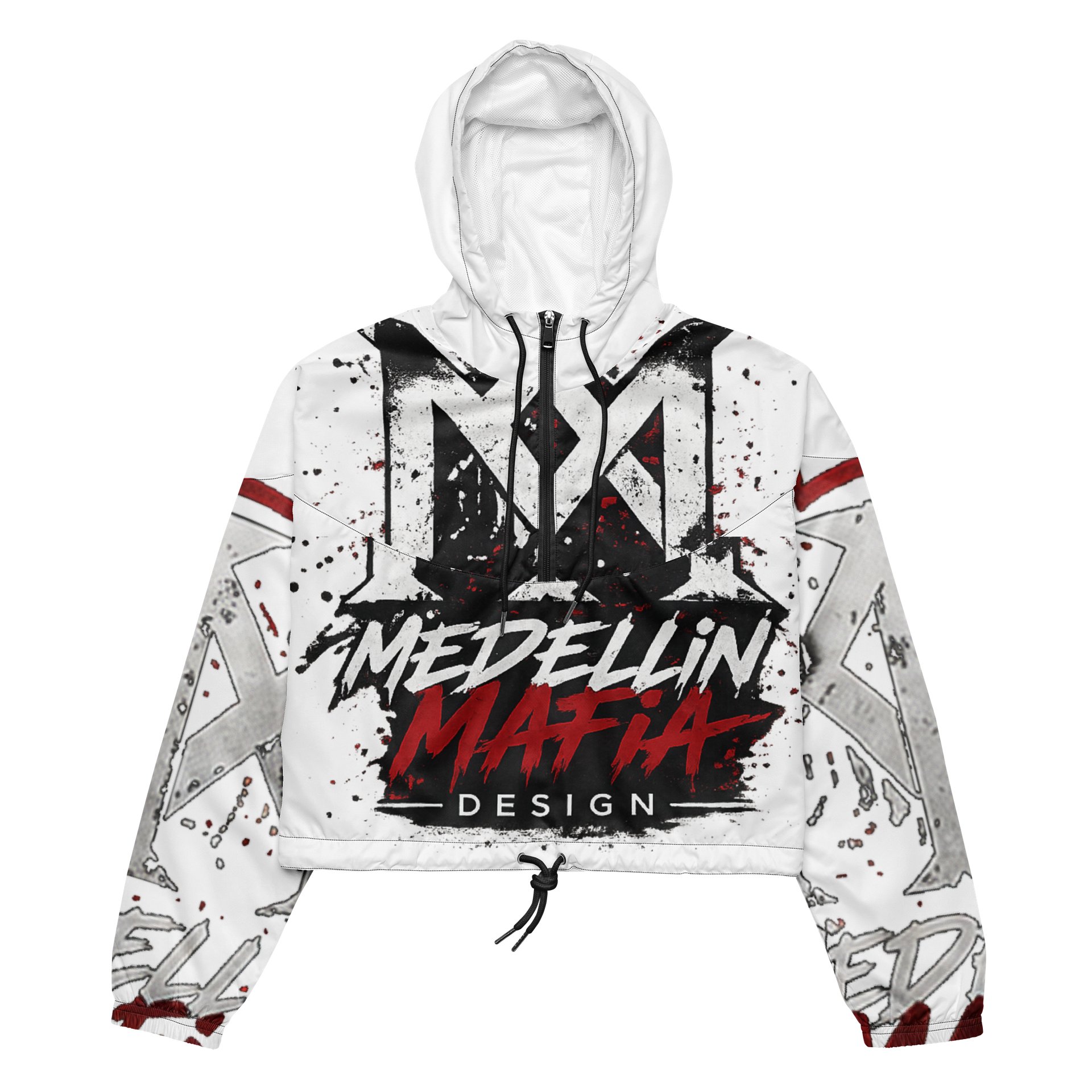 Medellin Mafia Design Women’s Cropped Windbreaker Hoodie – White Red Black Graffiti Streetwear Jacket product image (3)