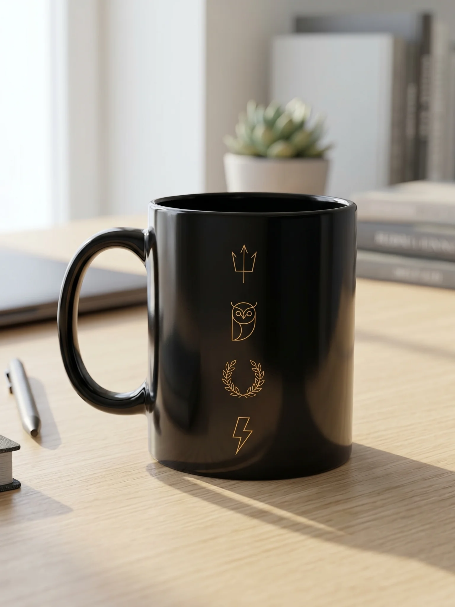 Greek Mythology Symbol Mug – Minimal Trident, Owl & Laurel Design in Black & Gold product image (5)