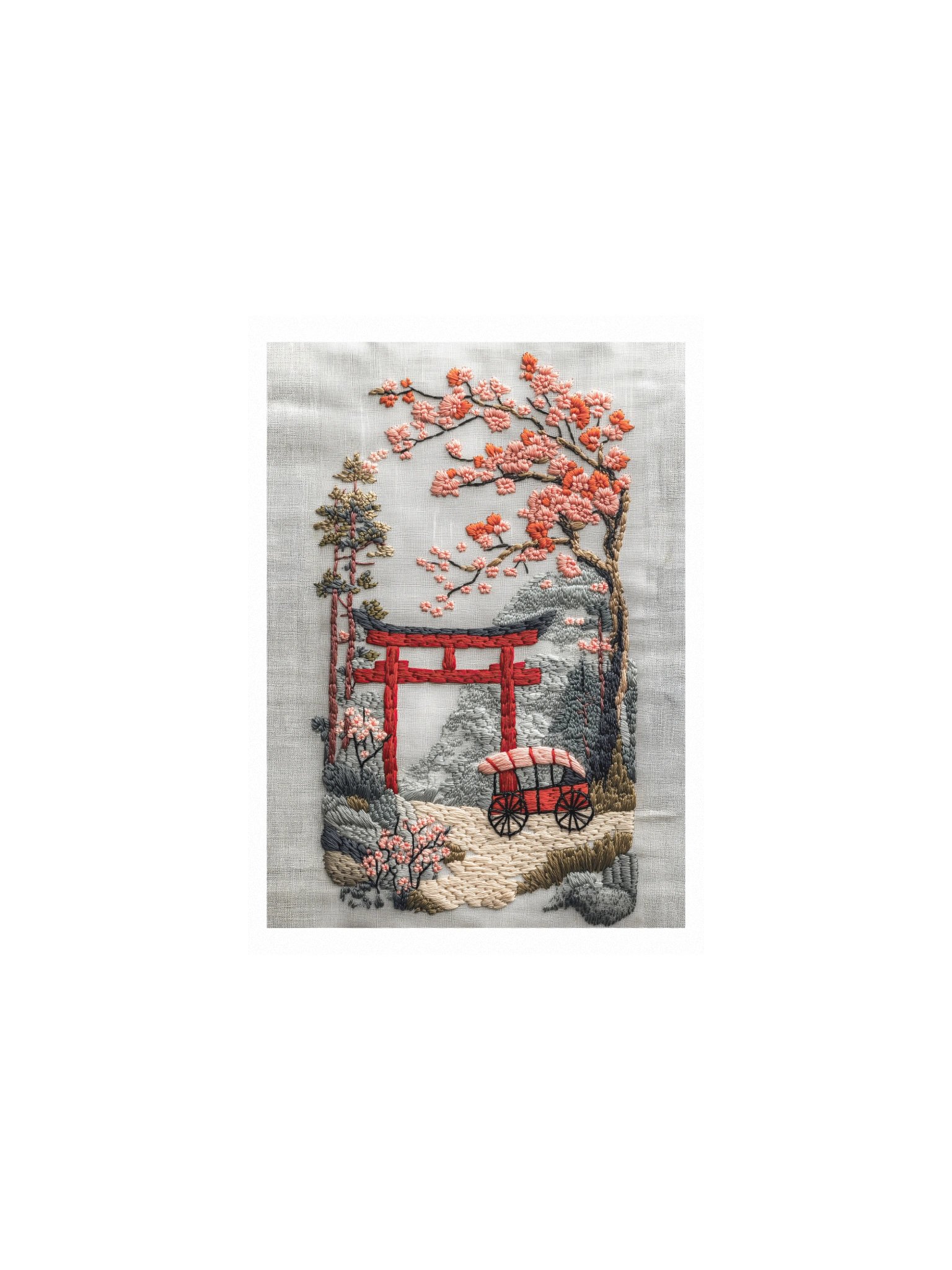 A Quiet Spring in Kyoto | Embroidery-Style Wall Art — Unframed Print product image (1)
