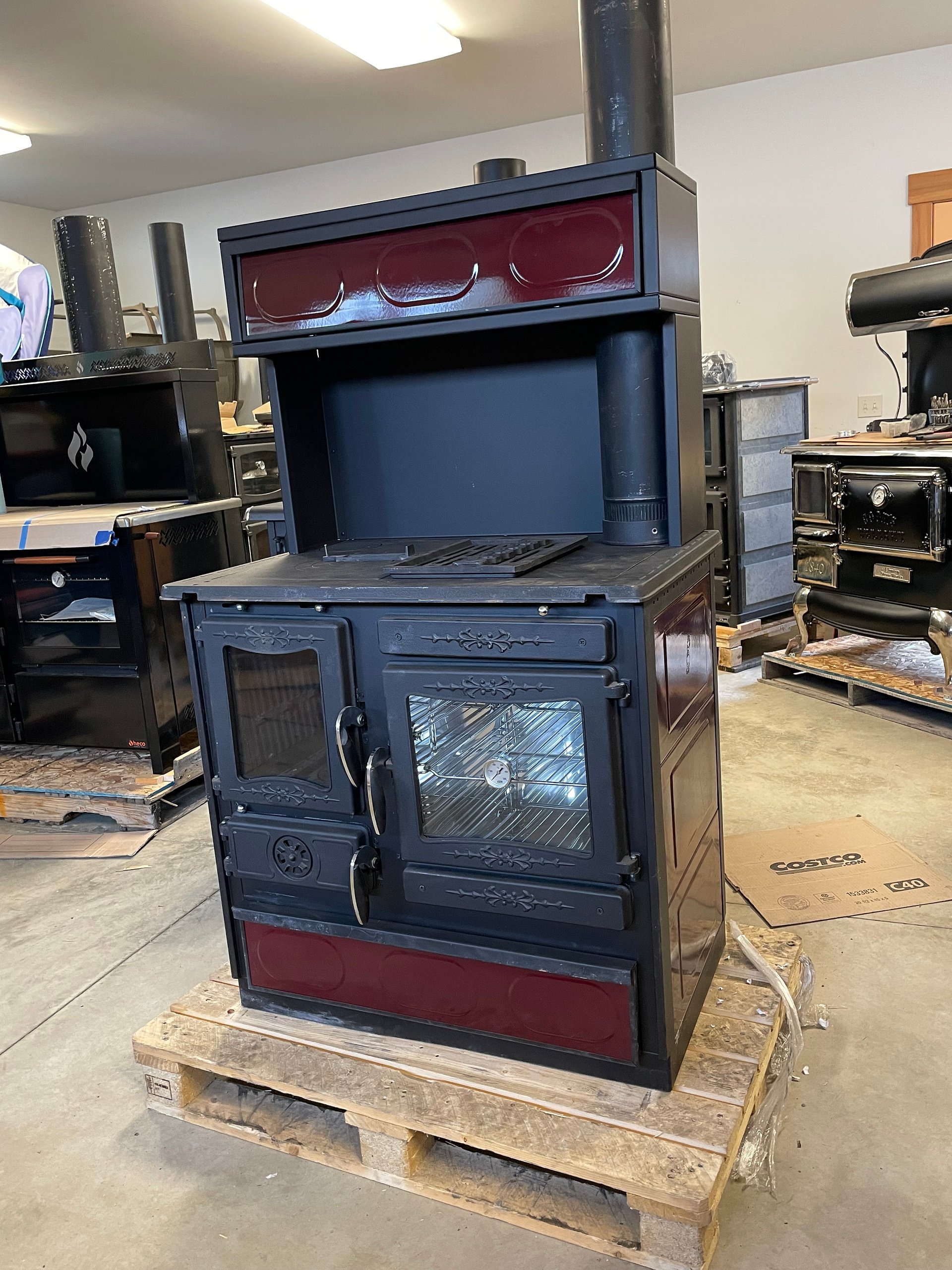 Guliver Wood Burning Cook Stove by Guca Burgundy W/Warming Oven Left Hand Flue product image (1)