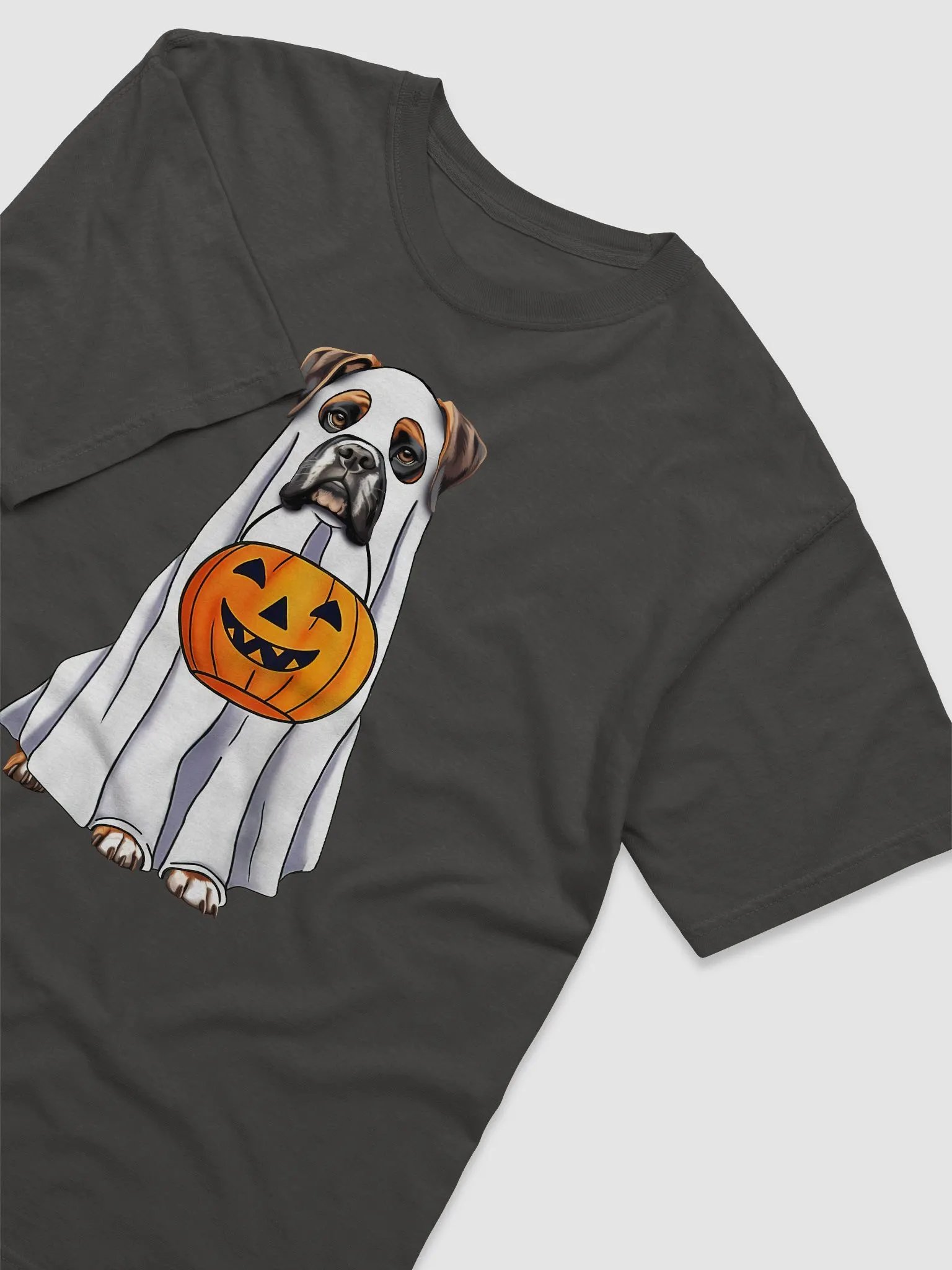 Boxer Dog Halloween Tee | Funny Fall and Halloween Boxer Wearing a Ghost Costume with Pumpkin Basket product image (3)