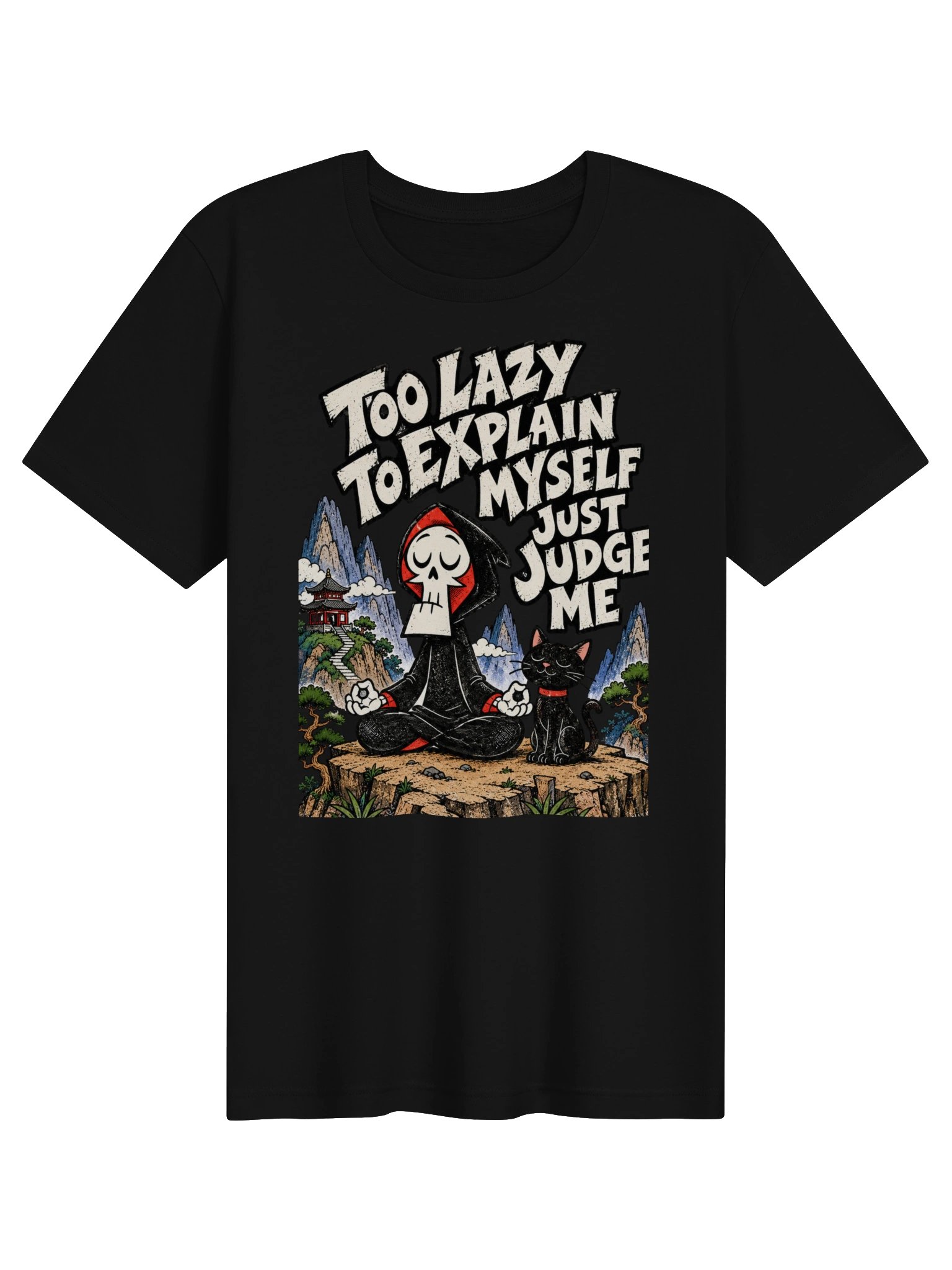 Too Lazy to Explain Myself T-Shirt | Funny Skeleton Meditation & Black Cat Graphic Tee product image (6)